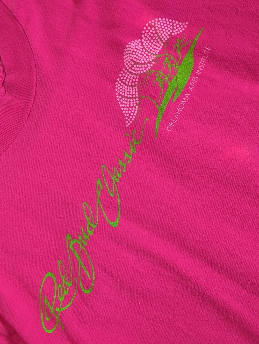 Oklahoma Red Bud Classic Hot Pink Tee with Lime Green Script & Tree Size M